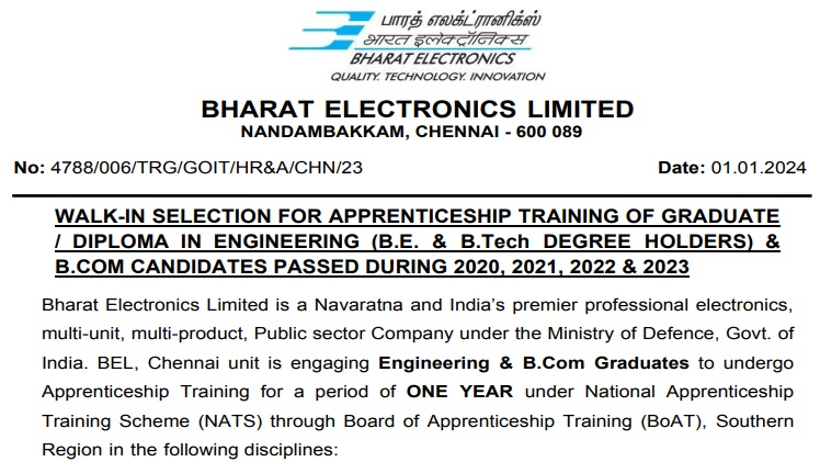 BEL Chennai Recruitment 2024 - Graduate & Technician Apprentice Post