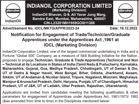 Read more about the article Indian Oil Corporation Limited (IOCL) Recruitment 2024, 1836 Apprentice Posts