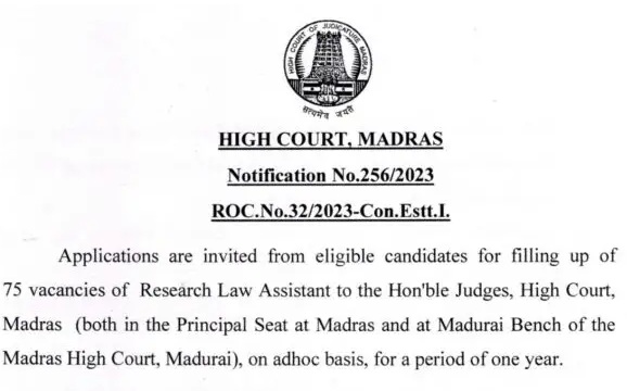 Madras High Court Recruitment 2023 75 Research Law Assistant Posts