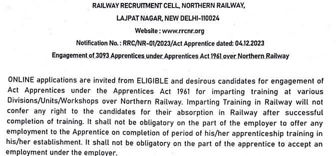 RRC NR Recruitment 2024 3093 Apprentice Posts