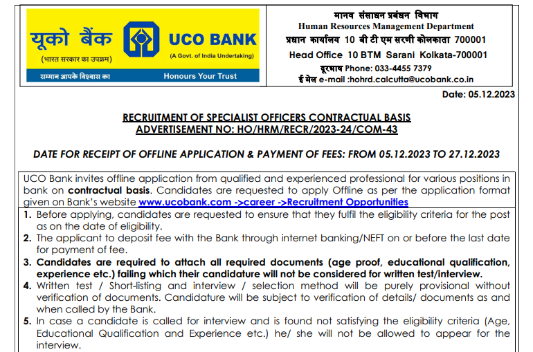 UCO Bank Recruitment 2024 127 SO Posts