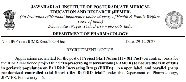 JIPMER Puducherry Recruitment 2024 - Project Staff Nurse-III Post