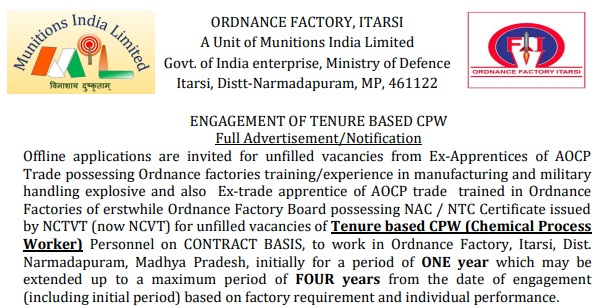 Ordnance Factory Recruitment 2024 105 CPW Posts