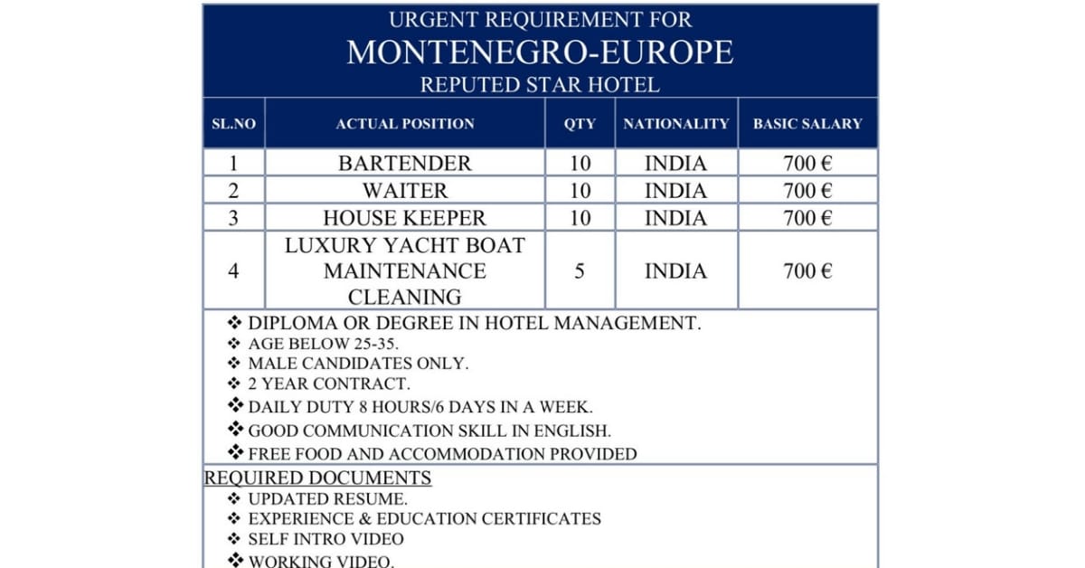 Montenegro-Europe Recruitment Reputed Star Hotel Vacancy