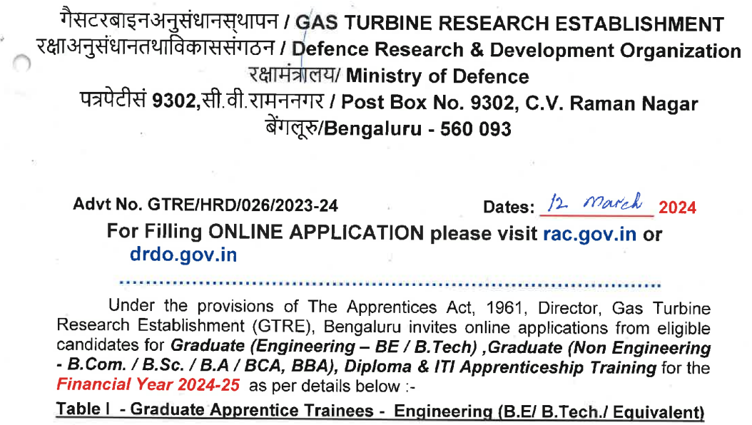 Read more about the article DRDO GTRE Recruitment 2024 : Apply Online for 150 Apprentice Posts