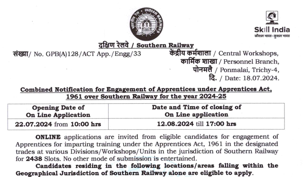 Southern Railway Recruitment 2024: Apply for 2498 Apprentice Posts Released!!